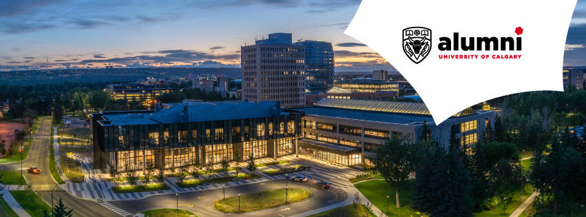 A panoramic evening view of the University of Calgary campus with the Alumni logo and branding on the right.