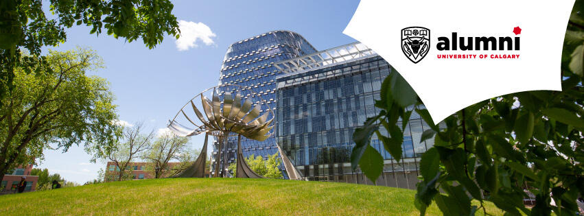 summer image of metal rooster statue at the University of Calgary campus.