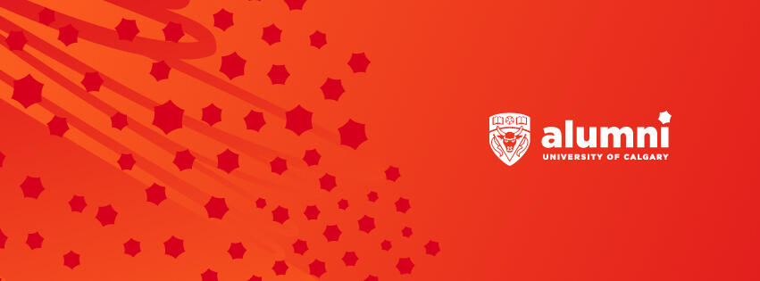 Red graphic with Alumni logo on the right.