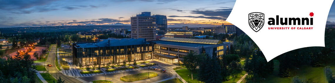 A panoramic evening view of the University of Calgary campus with the Alumni logo and branding on the right.