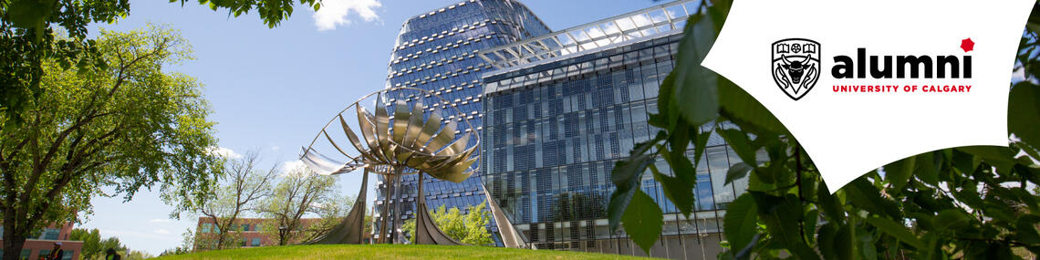 summer image of metal rooster statue at the University of Calgary campus.