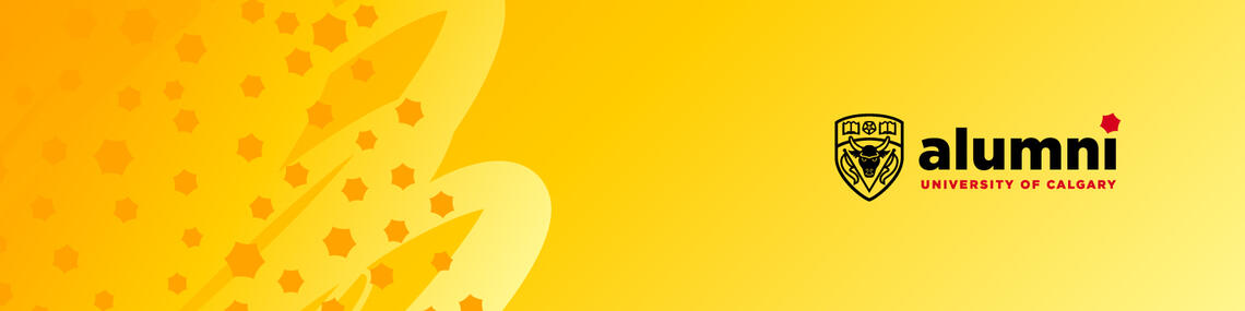 Yellow graphic with Alumni logo on the right .