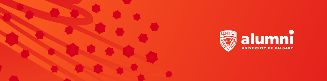 Red graphic with Alumni logo on the right.