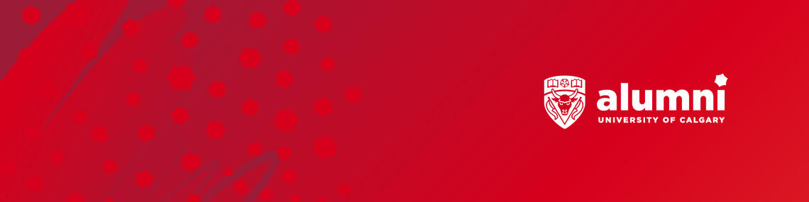 Red graphic with Alumni logo on the right.