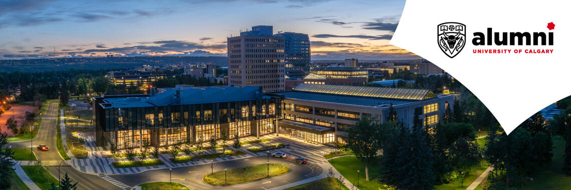 A panoramic evening view of the University of Calgary campus with the Alumni logo and branding on the right.