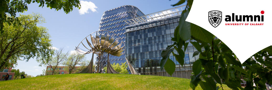 summer image of metal rooster statue at the University of Calgary campus.