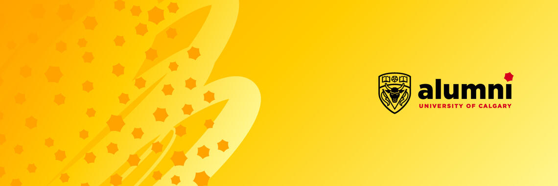 Yellow graphic with Alumni logo on the right.