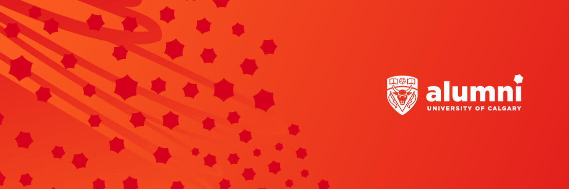 Red graphic with Alumni logo on the right.