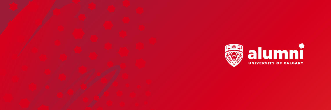 Red graphic with Alumni logo on the right.