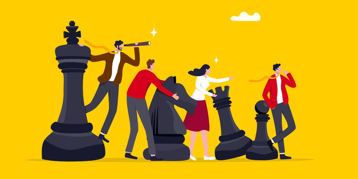 A cartoon of various people climbing on and looking over large chess pieces with a yellow background