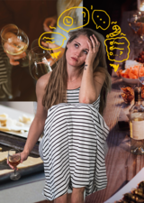 A collage of Christmas activities and a women appearing sitting with thought bubbles indicating stress