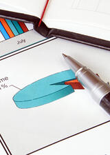 papers with pie charts, and a pencil with a calculator on top