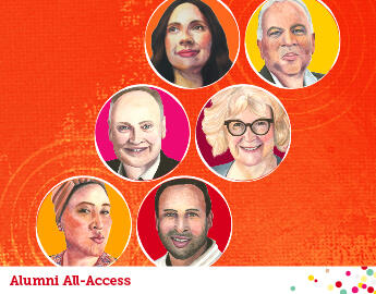 An image of the six Arch recipient illustrations on an orange background with a white Alumni All-Access tag at the bottom.