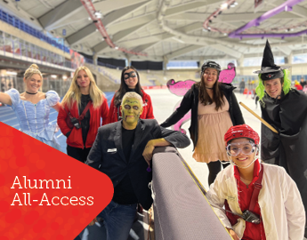 people dressed in halloween costumes at the ucalgary oval with all access tag