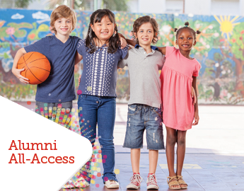 group of children standing on a sports court with the alumni all access tag