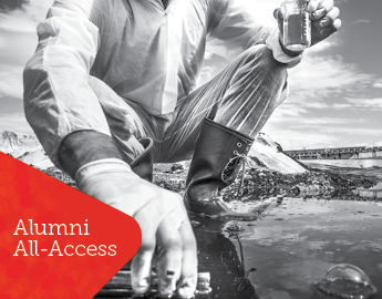 black and white image of a scientist testing ground water with all access tag