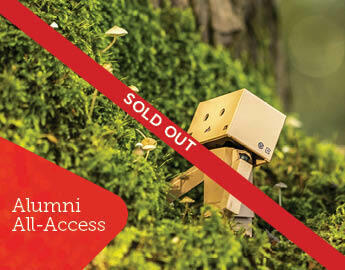 A photo of a gold robot climbing up a mossy tree with a red "Alumni All-Access" tag in the corner. A red banner with the words "sold out" runs across the photo.