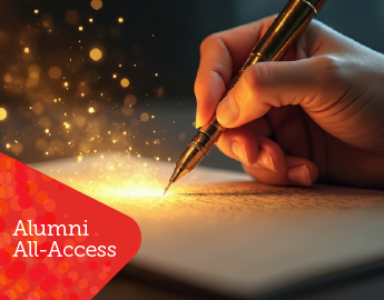 A hand holding a pen writing on paper. the pen releases glowing stars.